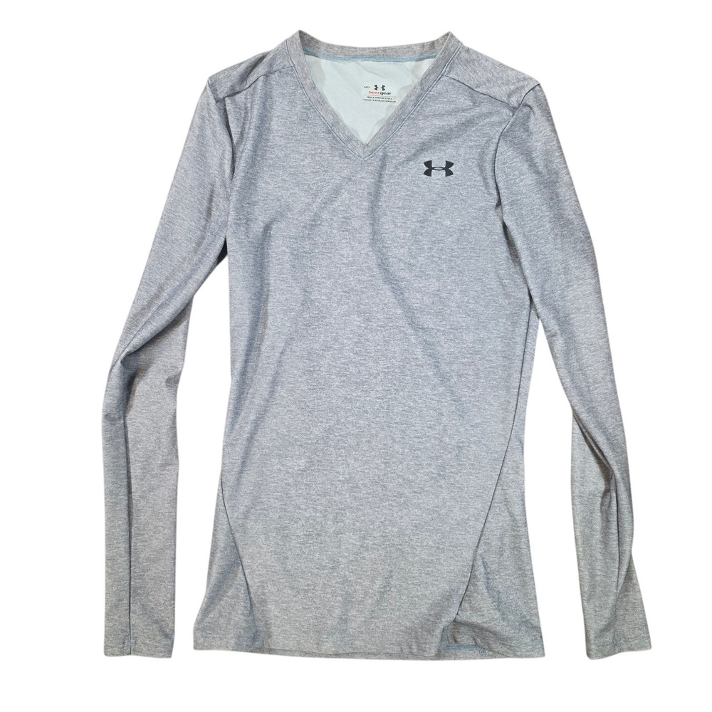 Under Armour HeatGear Womens Long Sleeve V-Neck Top Gray Base Layer MD